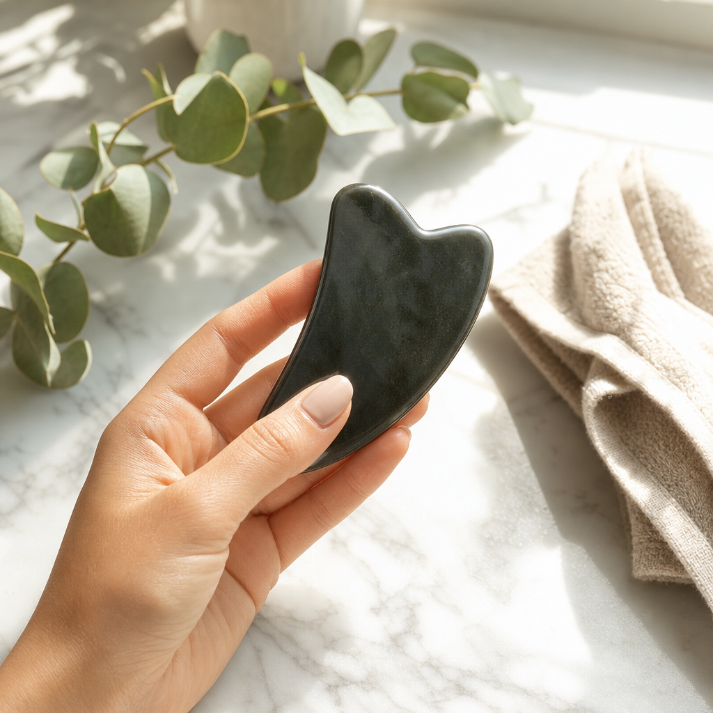 Hand holding black bian stone gua sha comb over sunlit marble